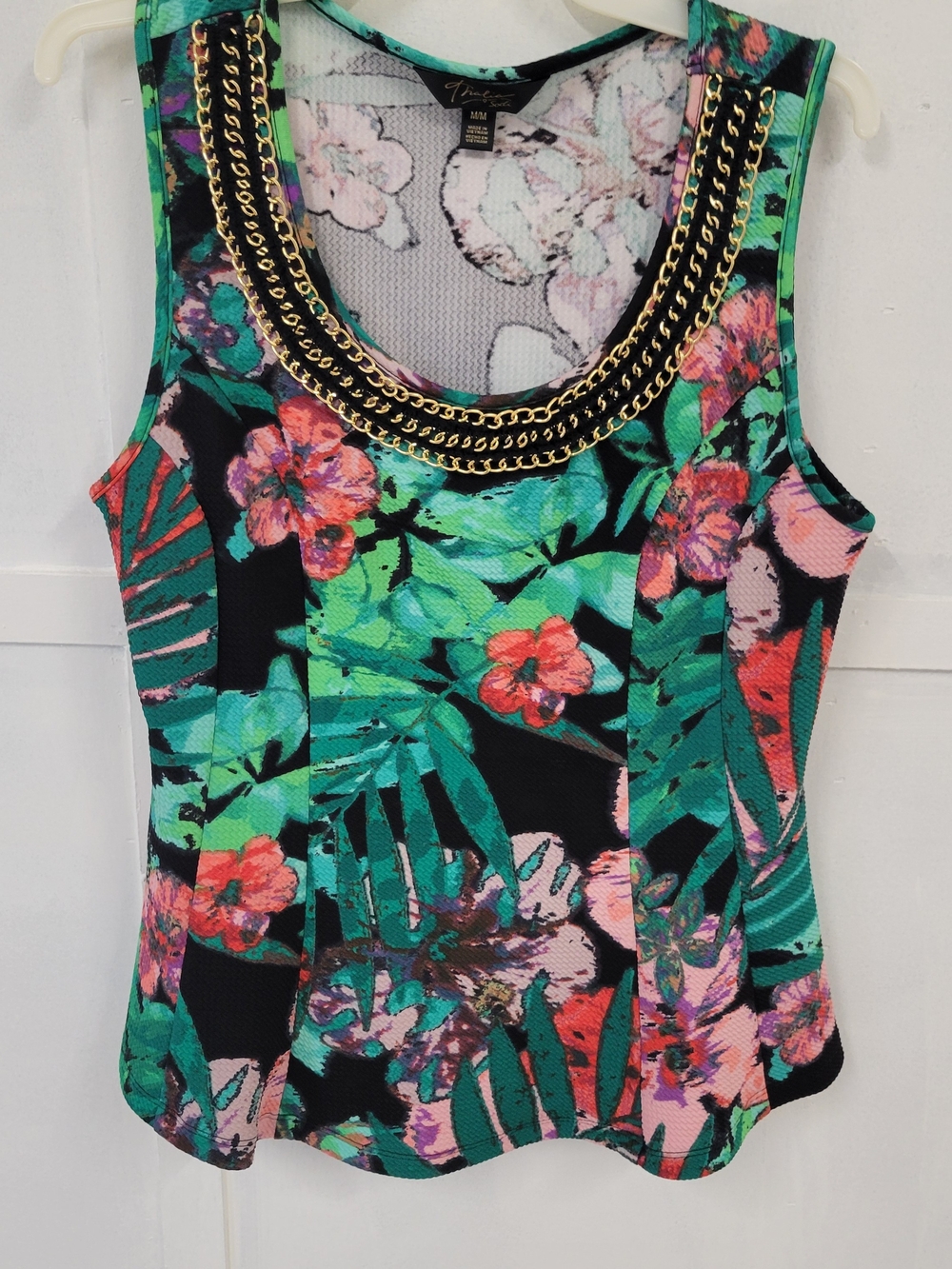 Thalia Sodi Tropical Chain-Trim Sleeveless Top - Green Floral